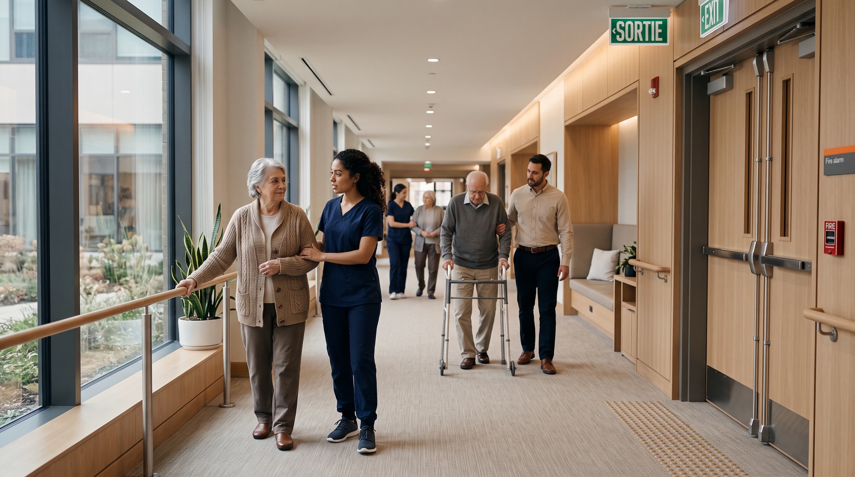 Staff assisting residents along a care facility corridor toward the exit